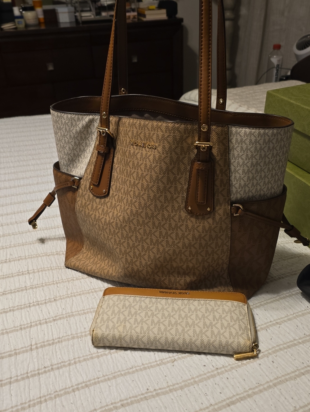 Michael Kors Two-Tone Brown and Cream Monogram Tote with Matching Wallet